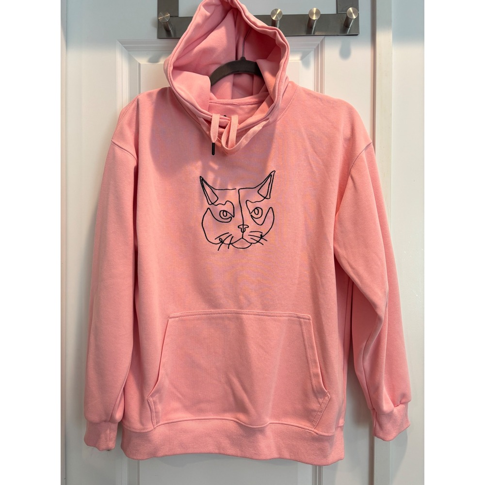 Pink Cat Line Art Embroidered Pullover‎ Hoodie Sweatshirt Womens Casual Pink - Picture 2 of 5